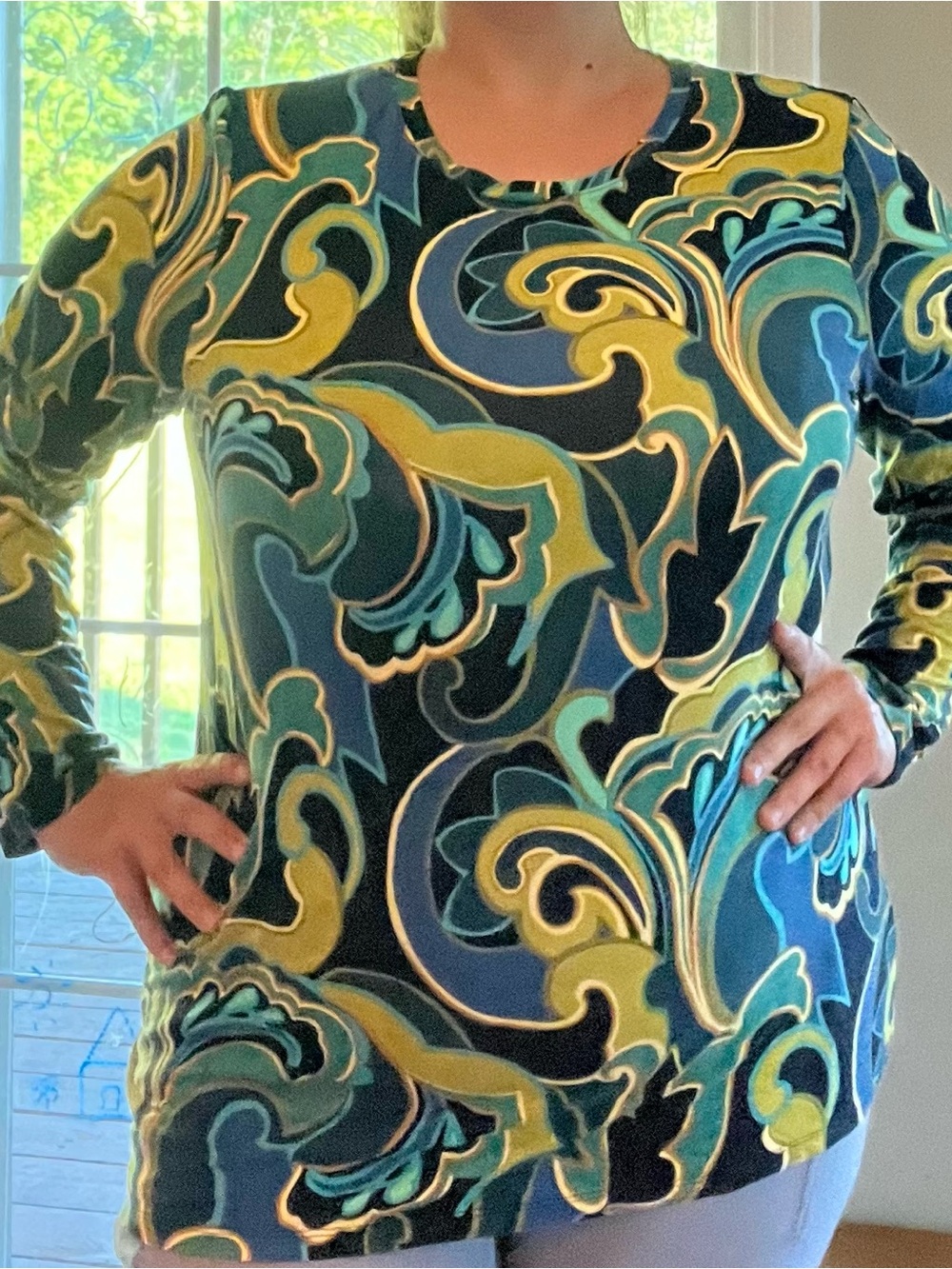 Chico’s Abstract Swirl Long Sleeve Top in Teal, Yellow & Black